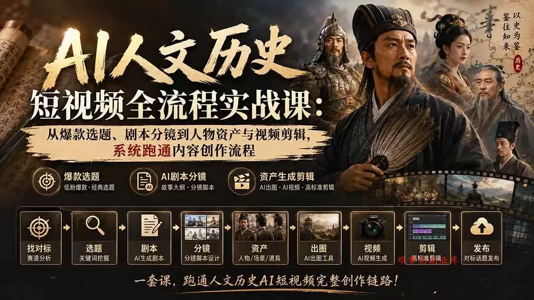 （20074期）AI人文历史短视频全流程实战课：从爆款选题、剧本分镜到人物资产与视频剪辑，系统跑通内容创作流程