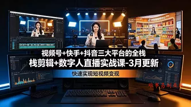 （19146期）视频号+快手+抖音三大平台的全栈剪辑+数字人直播实战课-3月更新：快速实现短视频变现-难事易副业库