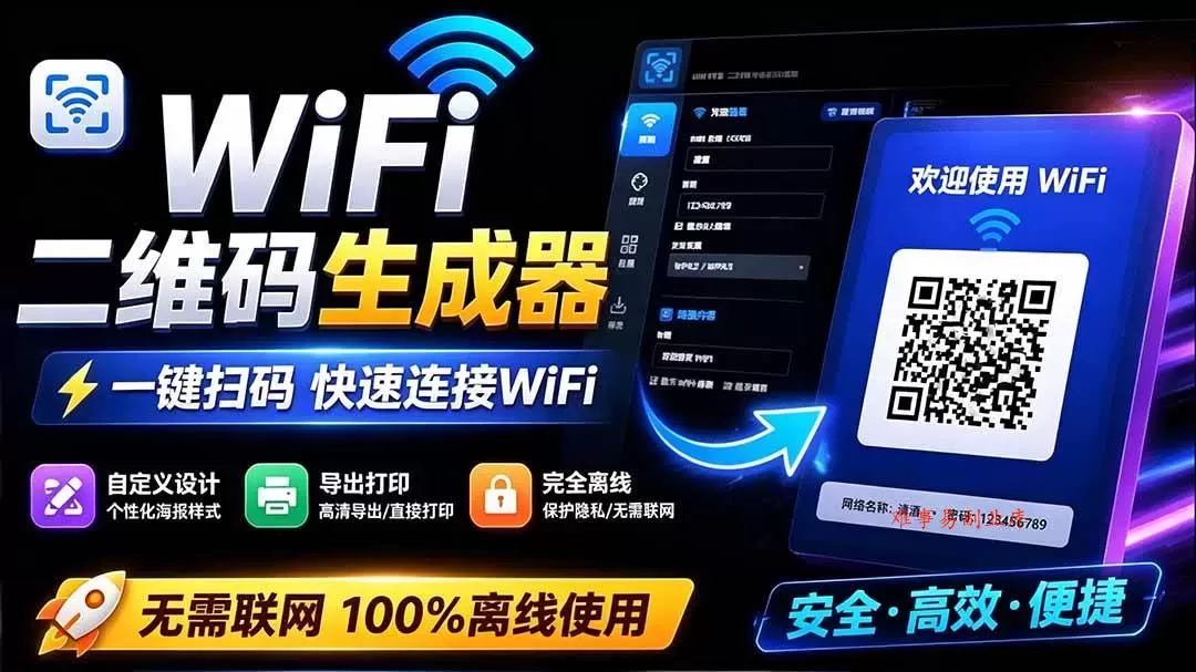 （19566期）完全离线使用！WiFi二维码生成器，一键扫码快速连接WiFi，支持自定义风格导出 WiFi二维码生成器-难事易副业库