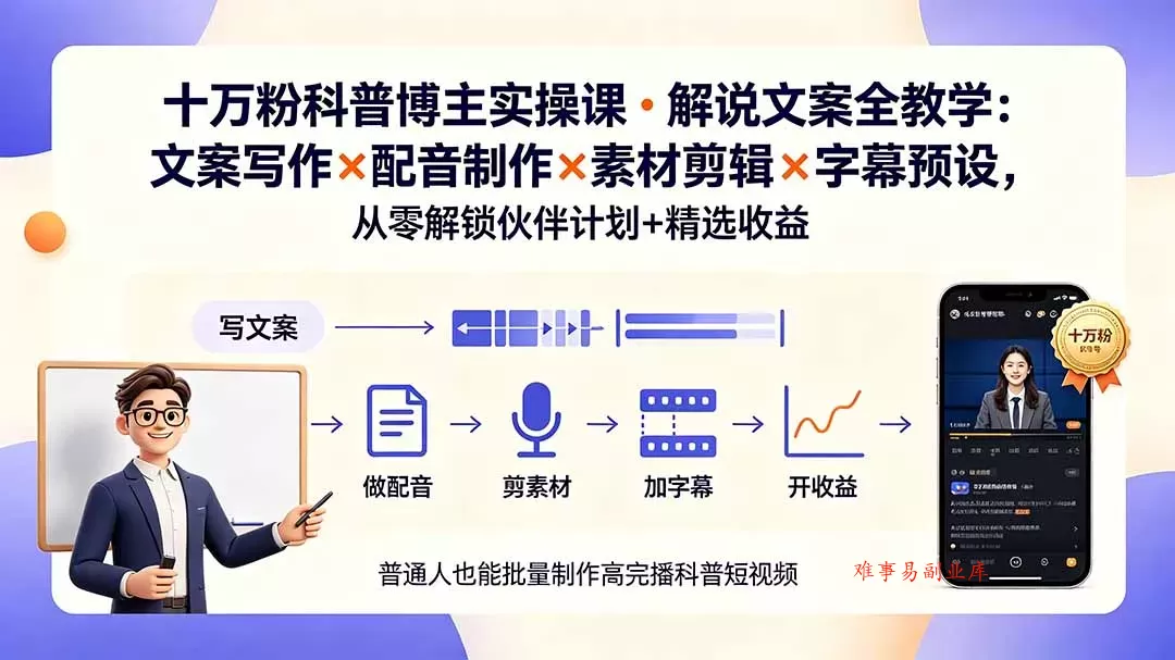 10万粉科普博主实操课-解说文案全教学：文案写作×配音制作×素材剪辑×字幕预设，从零解锁伙伴计划+精选收益-难事易副业库
