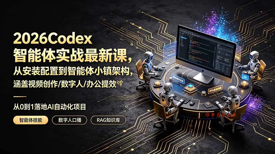 2026Codex智能体实战最新课，从安装配置到智能体小镇架构，涵盖视频创作/数字人/办公提效全技能-难事易副业库