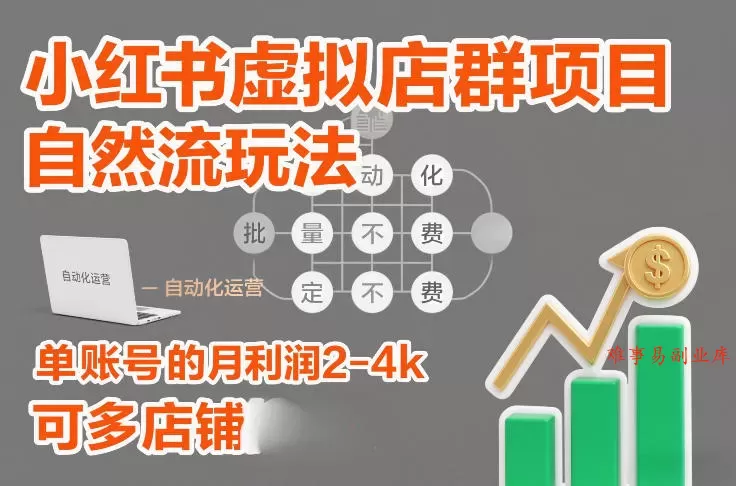 小红书虚拟店群项目，自然流玩法，批量自动化，稳定不费号，单账号的月利润2-4k，可多店矩阵-难事易副业库