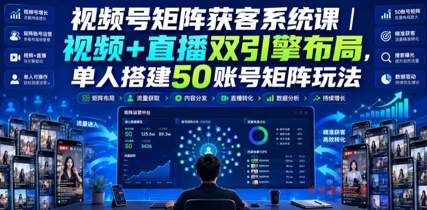 视频号矩阵获客系统课|视频+直播双引擎布局,单人搭建50账号矩阵玩法,流量入池、搜索占位、全域引流沉淀私域全流程教学 视频号矩阵获客系统课|视频+直播双引擎布局,单人搭建50账号矩阵玩法,流量入池、搜索占位、全域引流沉淀私域全流程教学