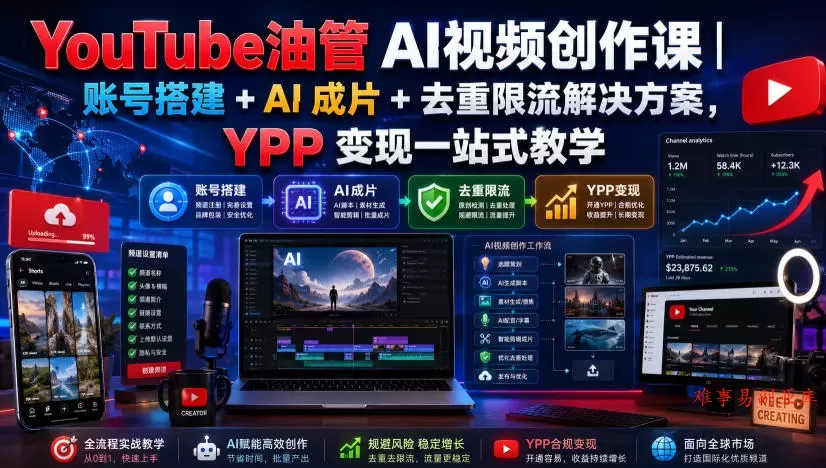 YouTube油管AI视频创作课｜账号搭建+AI成片+去重限流解决方案，YPP变现一站式教学-难事易副业库