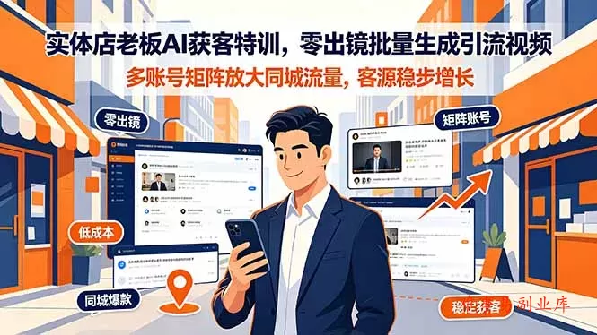 实体店老板AI获客特训，零出镜批量生成引流视频，多账号矩阵放大同城流量，客源稳步增长-难事易副业库
