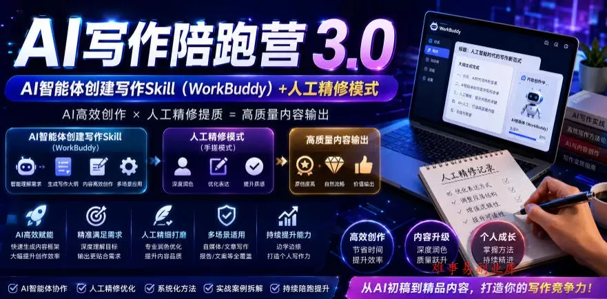 AI写作陪跑营3.0，Ai智能体创建写作skill(workbuddy)+人工手写模式(手搓模式)，去除AI痕迹(头条号、公众号、百家号)(更新0814)-难事易副业库