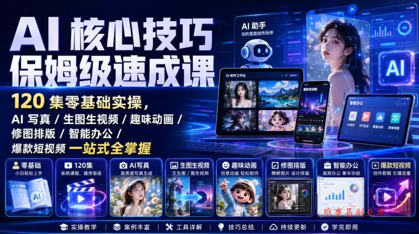 AI核心技巧保姆级速成课｜120集零基础实操，AI写真/生图生视频/趣味动画/修图排版/智能办公/爆款短视频一站式全掌握-难事易副业库