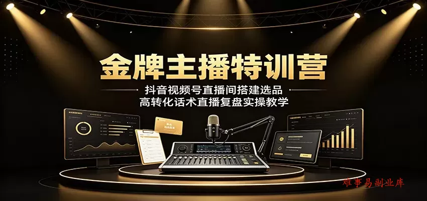 金牌主播特训营：抖音视频号直播间搭建选品，高转化话术直播复盘实操教学-难事易副业库
