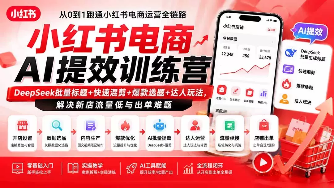 小红书电商AI提效训练营—DeepSeek批量标题+快速混剪+爆款选题+达人玩法，解决新店流量低与出单难题-难事易副业库