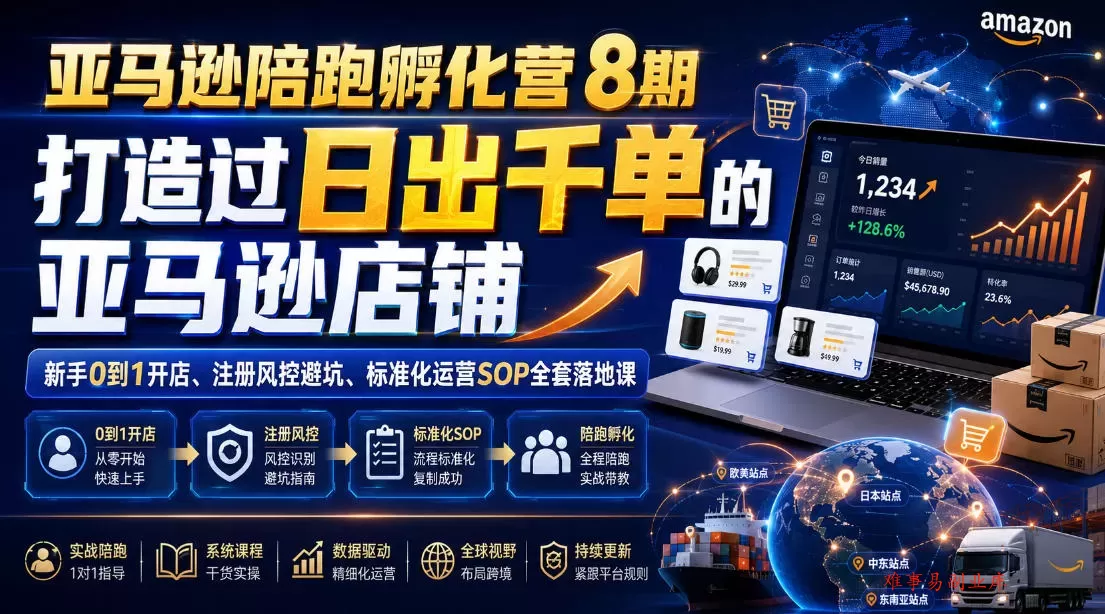 亚马逊陪跑孵化营8期，打造过日出千单的亚马逊店铺，新手0到1开店、注册风控避坑、标准化运营SOP全套落地课-难事易副业库