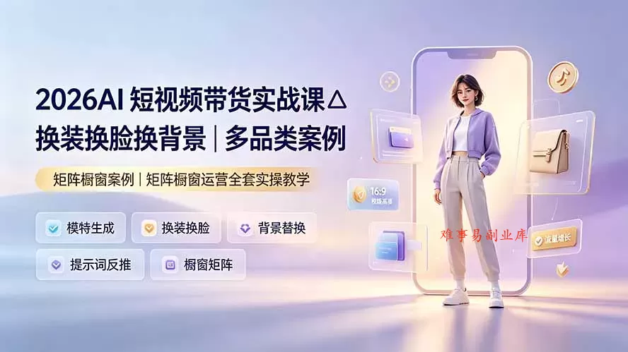 2026AI短视频带货实战课△换装换脸换背景｜多品类案例｜矩阵橱窗运营全套实操教学-难事易副业库