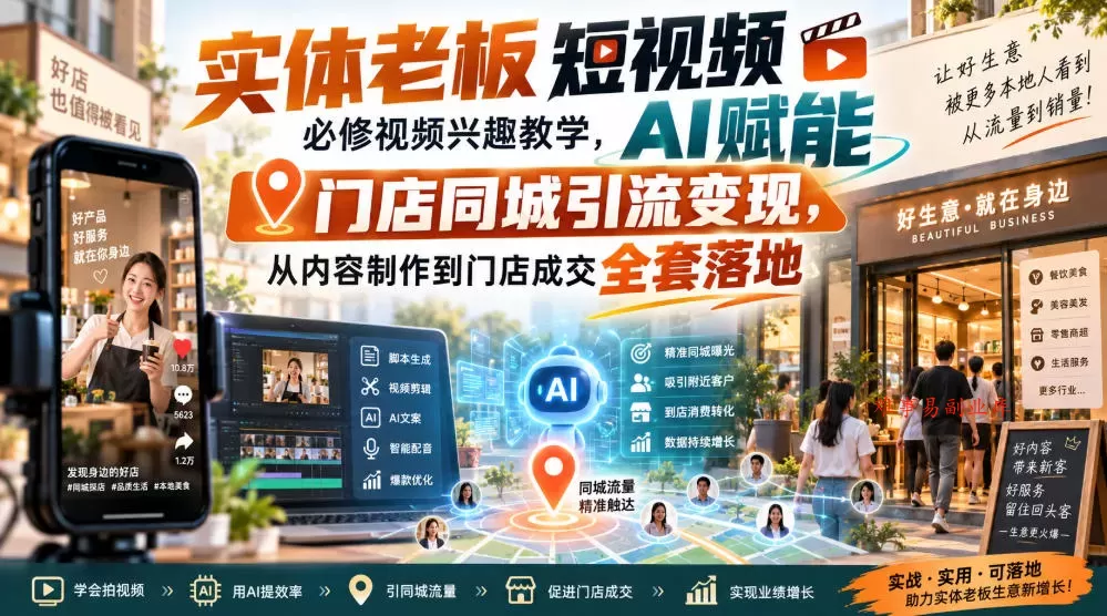 实体老板短视频必修视频兴趣教学，AI赋能门店同城引流变现，AI+短视频+直播打爆实体客流量-难事易副业库
