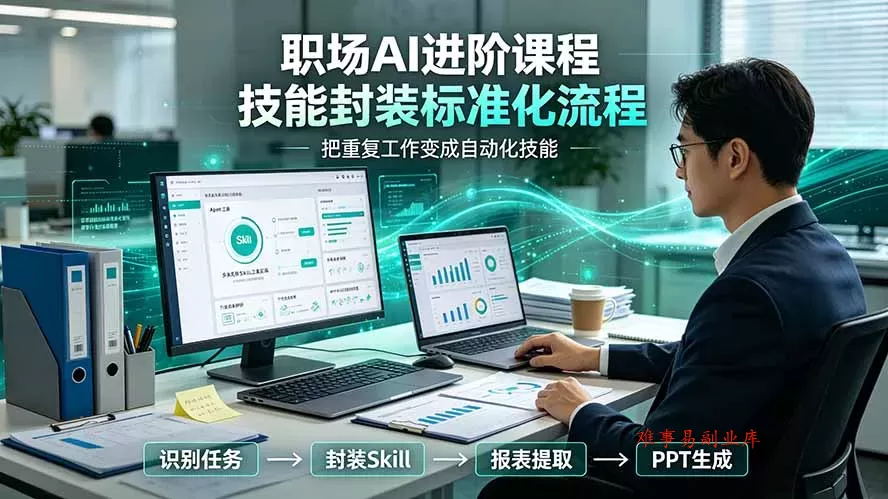 职场AI进阶课程；多类实用Skill工具实操，专属技能封装标准化流程，报表行业报告一键提取核心内容-难事易副业库