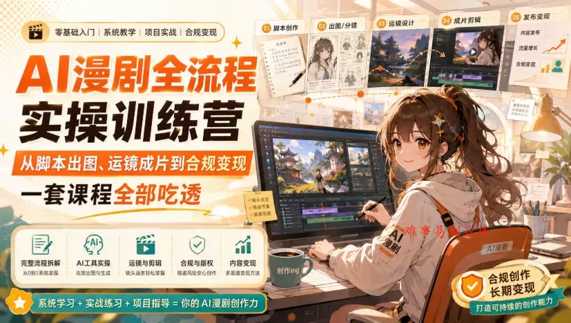 AI漫剧全流程实操训练营，从脚本出图、运镜成片到合规变现，一套课程全部吃透-难事易副业库