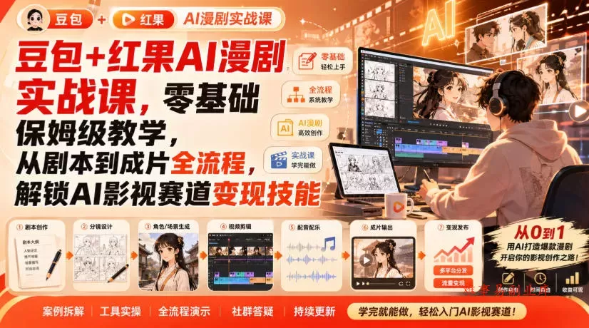 豆包+红果AI漫剧实战课，零基础保姆级教学，从剧本到成片全流程，解锁AI影视赛道变现技能-难事易副业库