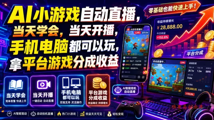 AI小游戏自动直播，当天学会，当天开播，手机电脑都可以玩，拿平台游戏分成收益-难事易副业库
