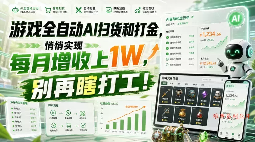 游戏全自动AI扫货和打金，悄悄实现每月增收上1W，别再瞎打工！【揭秘】-难事易副业库