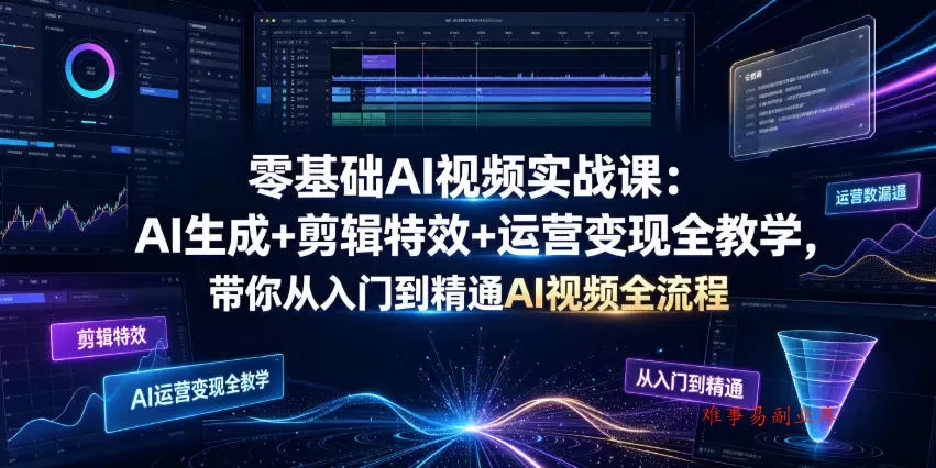 零基础AI视频实战课：AI生成+剪辑特效+运营变现全教学，带你从入门到精通AI视频全流程-难事易副业库