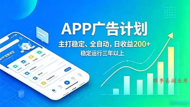 （18950期）长期稳定APP广告自动化创收计划，稳定运行三年以上。日收益200+-难事易副业库