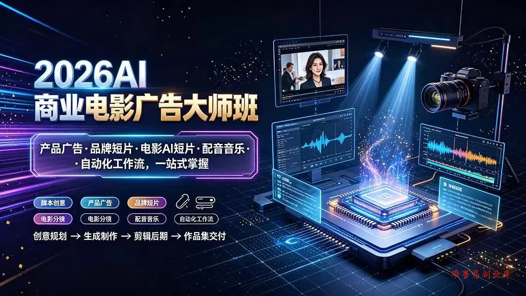 （19303期）2026AI商业电影广告大师班：产品广告·品牌短片·电影AI短片·配音音乐·自动化工作流，一站式掌握-难事易副业库