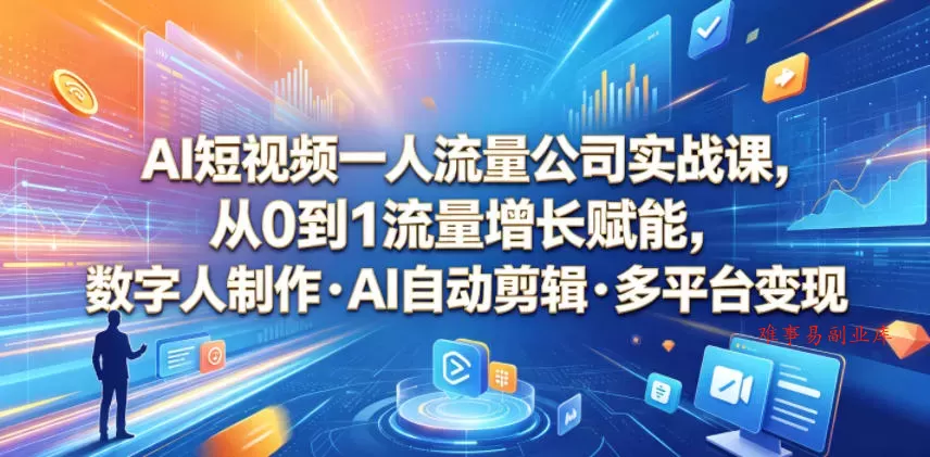 AI短视频一人流量公司实战课，从0到1流量增长赋能，数字人制作・AI自动剪辑・多平台变现，一人做流量生意全落地教程-难事易副业库