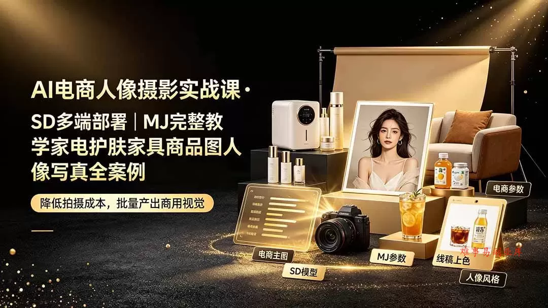 （19262期）AI电商人像摄影实战课·SD多端部署｜MJ完整教学｜家电护肤家具商品图人像写真全案例-难事易副业库