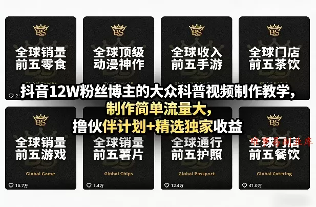抖音12W粉丝博主的大众科普视频制作教学，制作简单流量大，撸伙伴计划+精选独家收益-难事易副业库