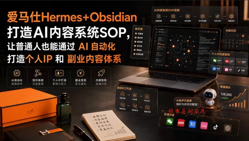 爱马仕Hermes+Obsidian打造AI内容系统SOP，让普通人也能通过 AI 自动化打造个人IP 和 副业内容体系-难事易副业库