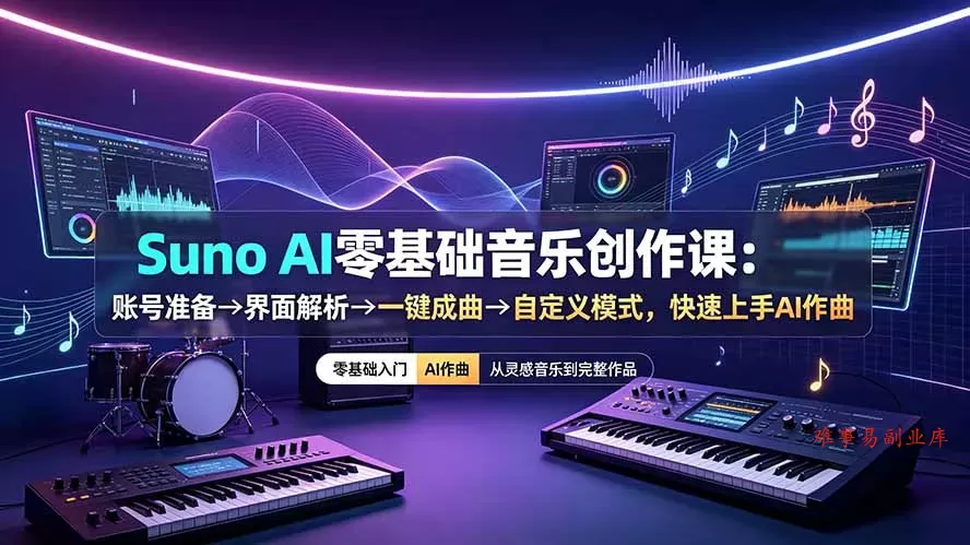 Suno AI零基础音乐创作课：账号准备→界面解析→一键成曲→自定义模式，快速上手AI作曲-难事易副业库