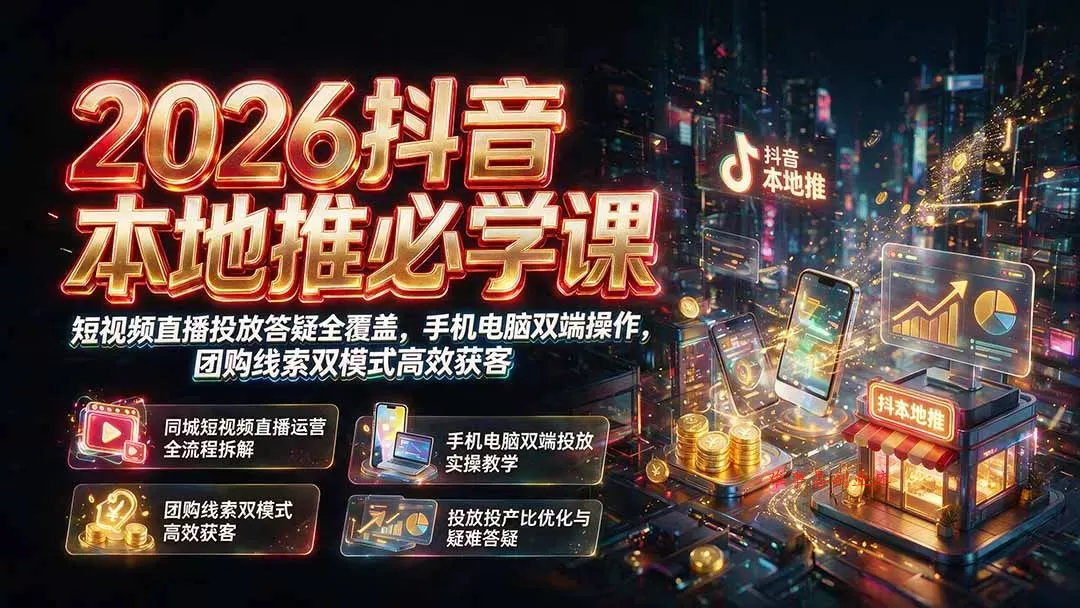 2026抖音本地推必学课｜短视频直播投放答疑全覆盖，手机电脑双端操作，团购线索双模式高效获客-难事易副业库