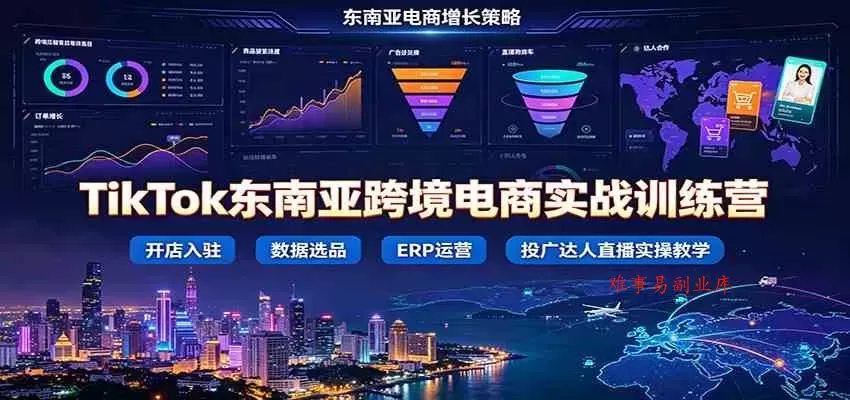 TikTok东南亚跨境电商实战训练营：开店入驻数据选品ERP运营，投广达人直播实操教学-难事易副业库