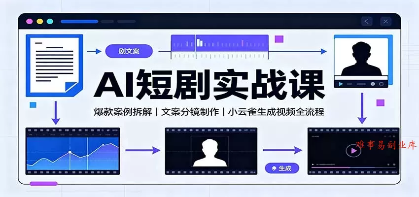 AI短剧实战课：爆款案例拆解，文案分镜制作，小云雀生成视频全流程-难事易副业库