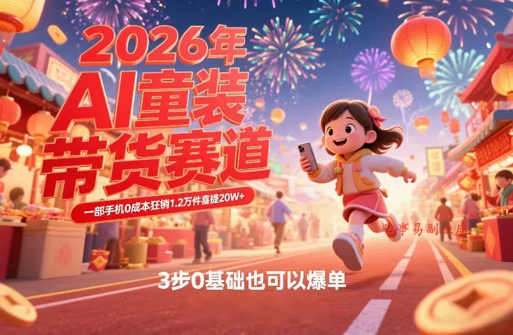 AI童装新春带货赛道，一部手机0成本狂销1.2万件喜提20W+，3步0基础也可以爆单-难事易副业库