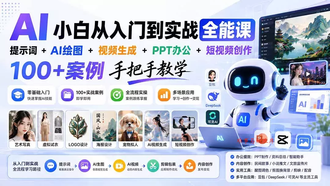 AI小白从入门到实战全能课：提示词+AI绘图+视频生成+PPT办公+短视频创作，100+案例手把手教学-难事易副业库
