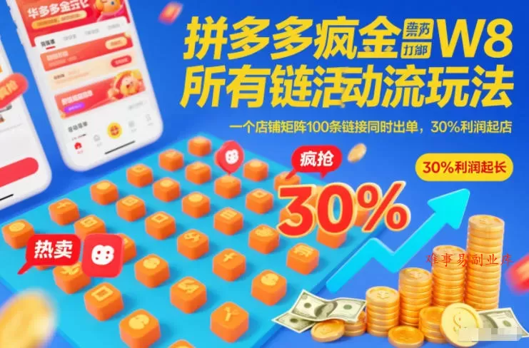 拼多多疯狂活动流玩法，所有链接全部打标，一个店铺矩阵100条链接同时出单，30%利润起店-难事易副业库