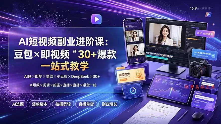 （19458期）AI短视频副业进阶课：豆包×即梦×星绘×小云雀×DeepSeek×30+爆款×剪辑×拍摄×直播×带货一站式教学-难事易副业库