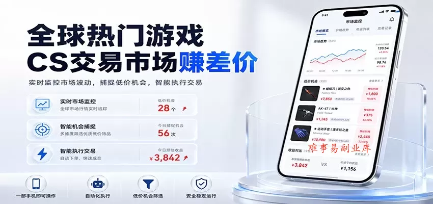 全球热门游戏CS交易市场赚差价，一个账号一部手机即可稳定运行，月入过万-难事易副业库