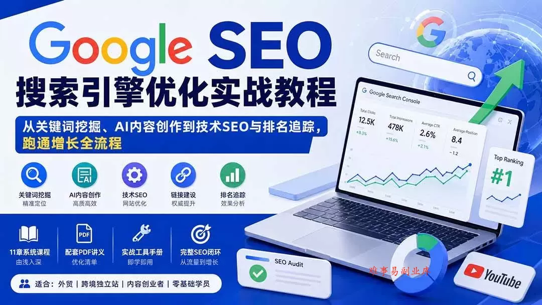 （20241期）Google SEO搜索引擎优化实战教程：从关键词挖掘、AI内容创作到技术SEO与排名追踪，跑通增长全流程-难事易副业库