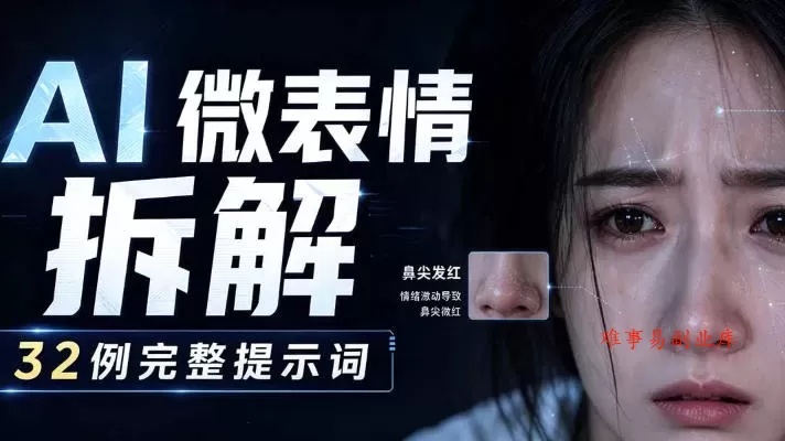 AI微表情拆解提示词合集，精准调控AI角色表情，可直接复用，0基础也能调出影视级表情变化-难事易副业库