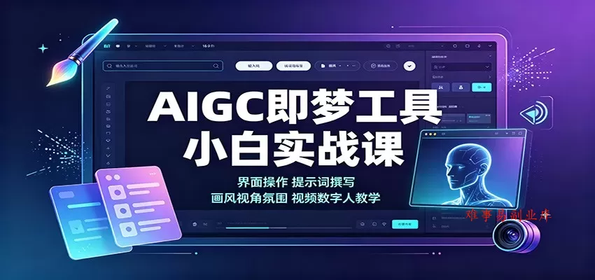 AIGC即梦工具小白实战课：界面操作，提示词撰写，画风视角氛围视频数字人教学-难事易副业库