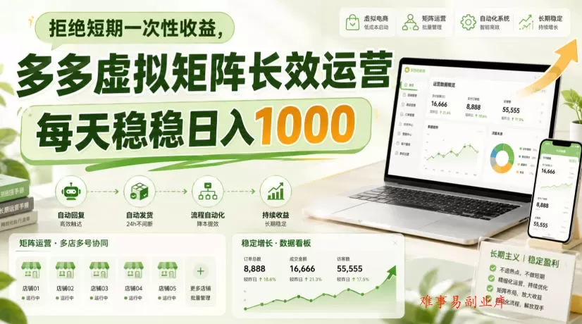 拒绝短期一次性收益，多多虚拟矩阵长效运营，每天稳稳日入1000【揭秘】-难事易副业库