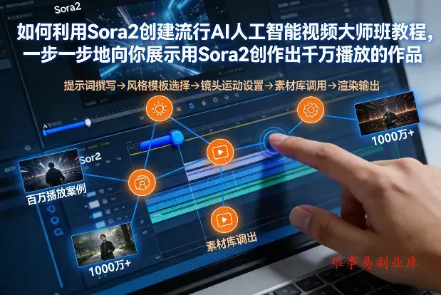 如何利用Sora2创建流行AI人工智能视频大师班，一步一步地向你展示用Sora2创作出千万播放的作品-难事易副业库