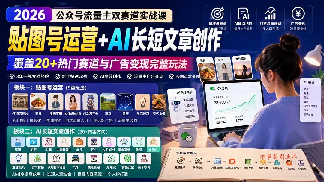 公众号流量主双赛道实战课：贴图号运营+AI长短文章创作，覆盖20+热门赛道与广告变现完整玩法