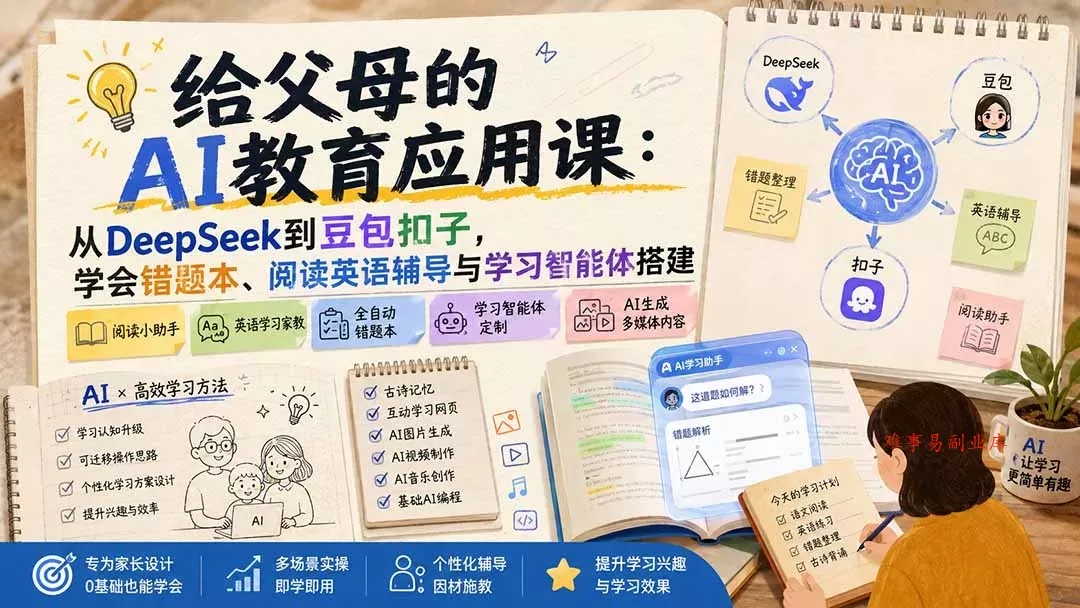 给父母的AI教育应用课：从DeepSeek到豆包扣子，学会错题本、阅读英语辅导与学习智能体搭建-难事易副业库