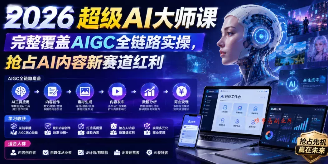 2026超级AI大师课，完整覆盖AIGC全链路实操，抢占AI内容新赛道红利-难事易副业库