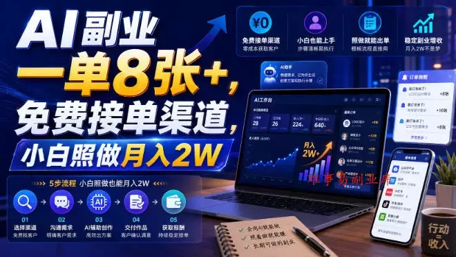 AI副业一单8张+，免费接单渠道，小白照做月入2W【揭秘】-难事易副业库