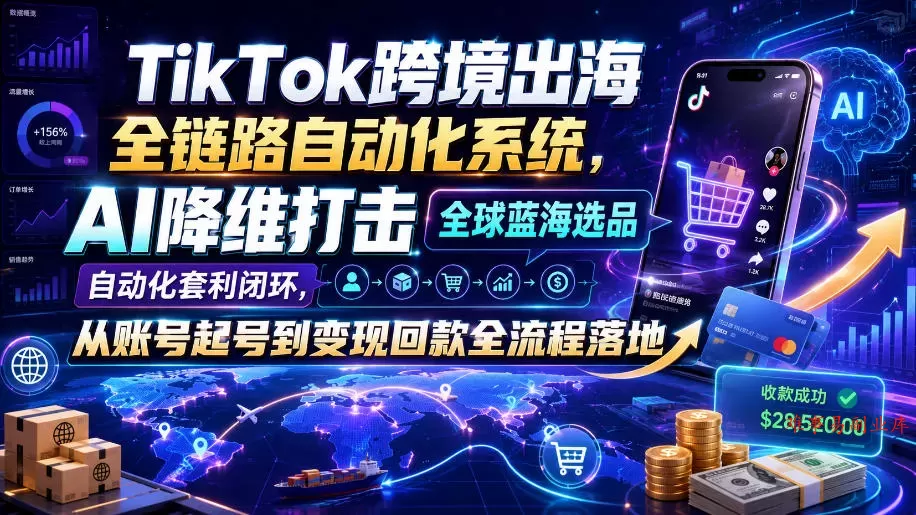 TikTok跨境出海全链路自动化系统，AI降维打击全球蓝海选品自动化套利闭环，从账号起号到变现回款全流程落地（2026年7月）-难事易副业库