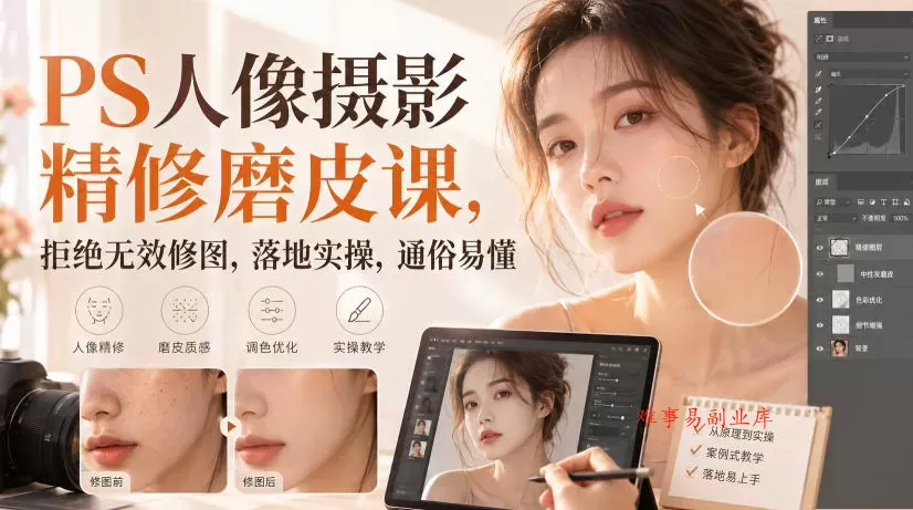 PS人像摄影精修磨皮课，拒绝无效修图，落地实操，通俗易懂-难事易副业库