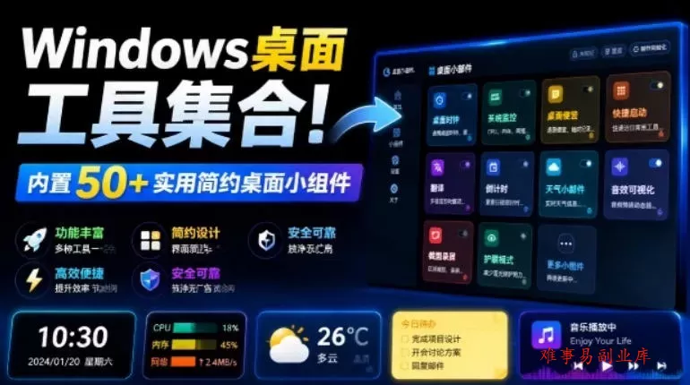 Windows桌面工具集合！内置50+实用简约桌面小组件，含截图、录屏、翻译、天气等，多秘工具箱-难事易副业库
