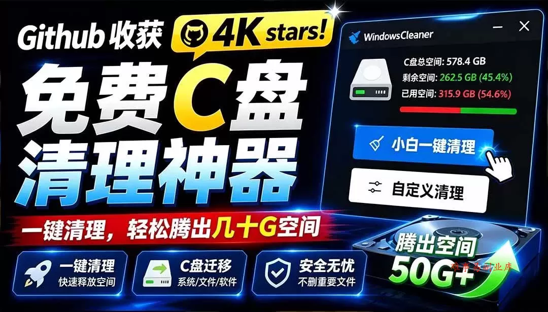 （19528期）Github收获 4K stars！免费C盘清理神器，轻松腾出几十G空间，支持C盘迁移 Windows Cleaner-难事易副业库